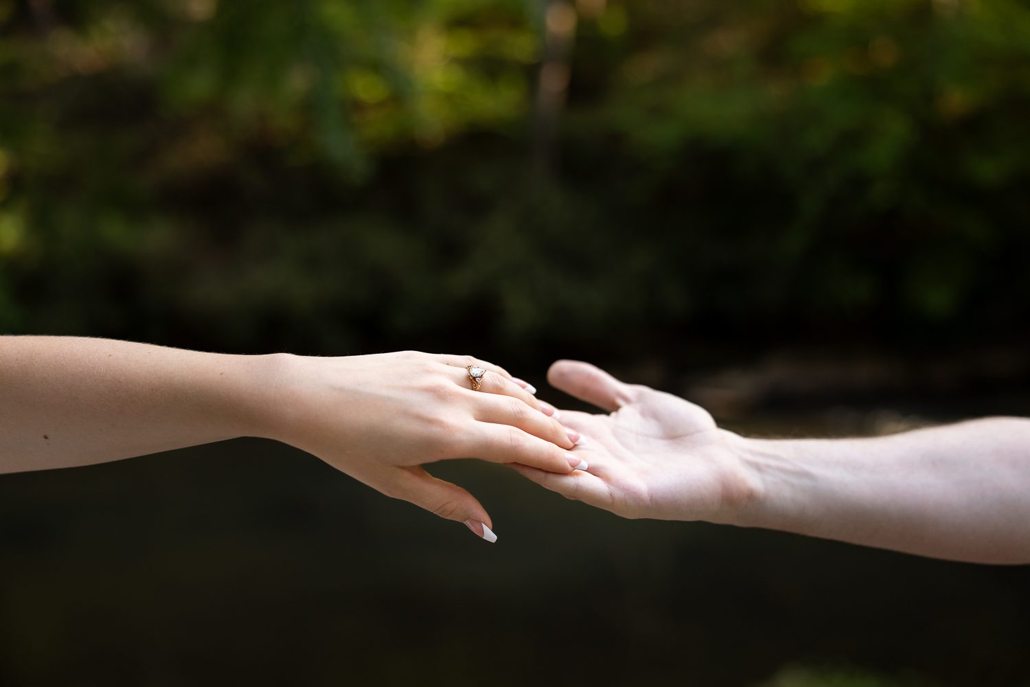Romantic photo of Carley and Josh reaching for each other’s hands during engagement session